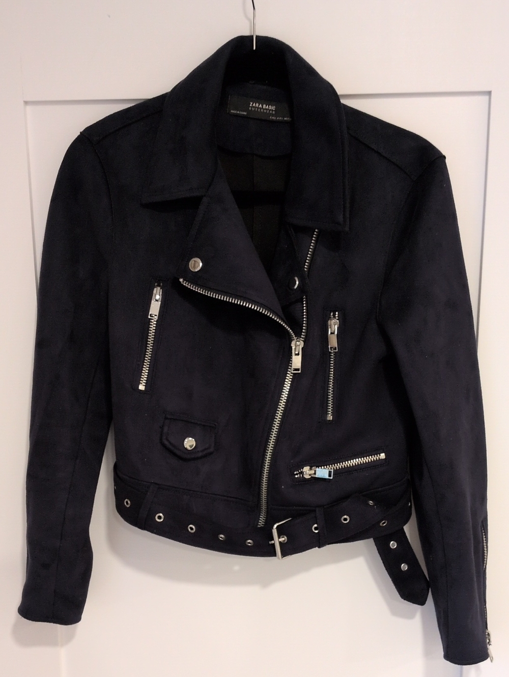 Zara Navy Suede-Style Moto Jacket with Silver Hardware